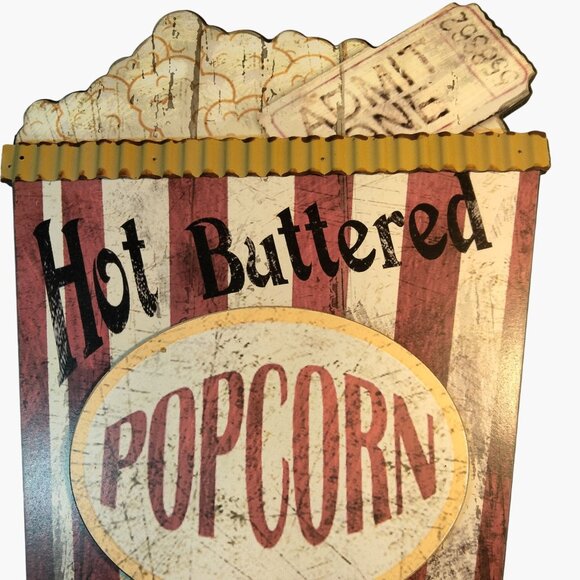 Rustic Popcorn Wall Decor Sign Hot Buttered Movie Theater Vintage Look - Picture 3 of 6